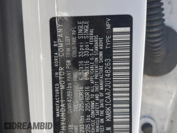 2018 Hyundai Kona SE with VIN KM8K1CAA7JU148263, listed as a Copart auction lot 53113385 with Not Provided miles and Salvage Title. Bid and sale history available at DreamBid. Image 13.