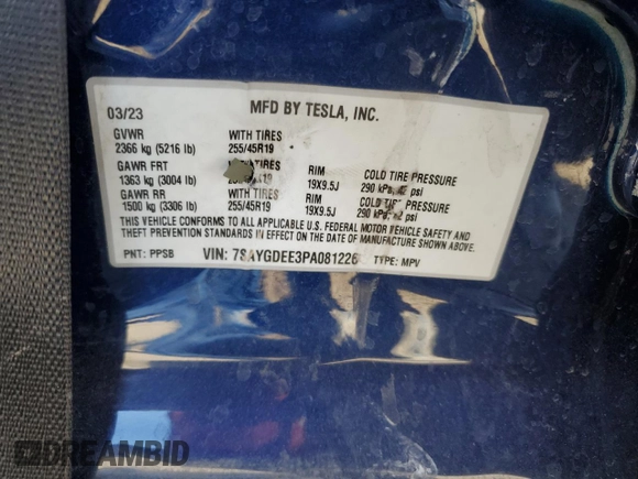 2023 Tesla Model Y Long Range with VIN 7SAYGDEE3PA081226, listed as a Copart auction lot 88674385 with Not Provided miles and Salvage Title. Bid and sale history available at DreamBid. Image 13.