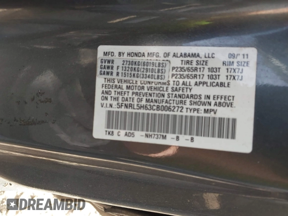 2012 Honda Odyssey EX-L with VIN 5FNRL5H63CB006272, listed as a IAAI auction lot 42074163 with 187,785 mi miles and . Bid and sale history available at carsss.com. Image 9.