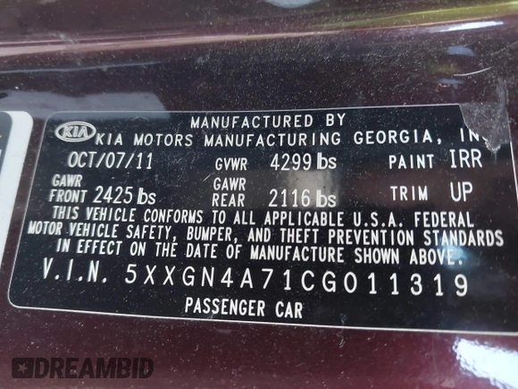 2012 Kia Optima EX with VIN 5XXGN4A71CG011319, listed as a IAAI auction lot 42001405 with 193,567 mi miles. Bid and sale history available at carsss.com. Image 9.