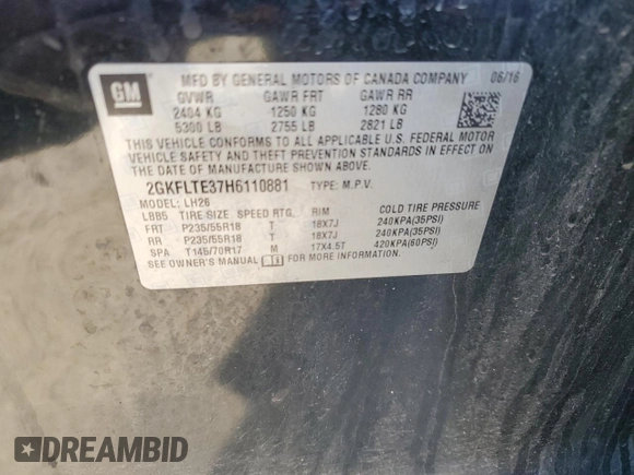 2017 GMC Terrain SLE with VIN 2GKFLTE37H6110881, listed as a Copart auction lot 48664525 with 62,345 mi miles and Salvage Title. Bid and sale history available at carsss.com. Image 15.