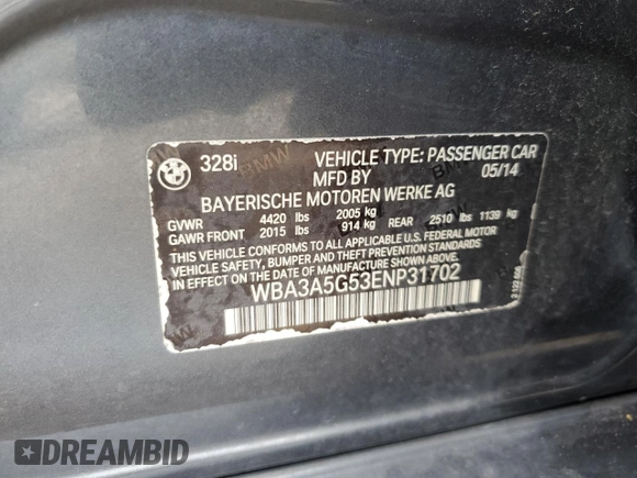 2014 BMW 3 Series 328i with VIN WBA3A5G53ENP31702, listed as a Copart auction lot 88897265 with 196,230 mi miles and Salvage Title. Bid and sale history available at DreamBid. Image 14.