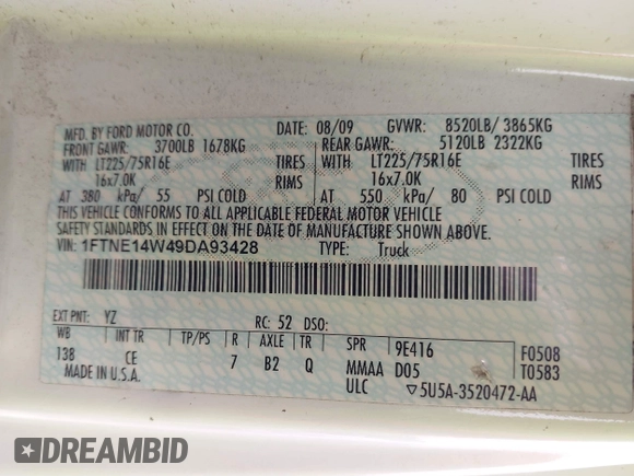 2009 Ford Econoline Cargo Commercial with VIN 1FTNE14W49DA93428, listed as a IAAI auction lot 41641859 with 220,630 mi miles and . Bid and sale history available at DreamBid. Image 9.