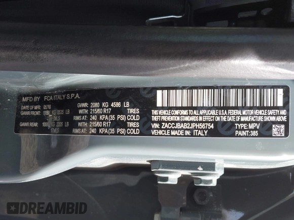 2018 Jeep Renegade Sport with VIN ZACCJBAB2JPH56754, listed as a IAAI auction lot 41541555 with 141,616 mi miles. Bid and sale history available at carsss.com. Image 9.