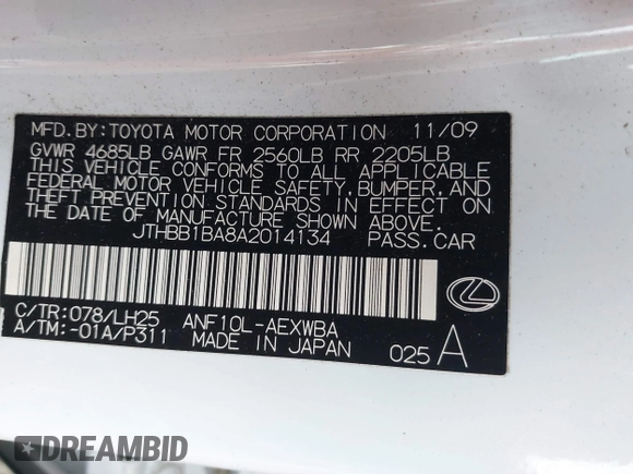 2010 Lexus HS 250h with VIN JTHBB1BA8A2014134, listed as a IAAI auction lot 40067857 with 121,313 mi miles and . Bid and sale history available at DreamBid. Image 9.
