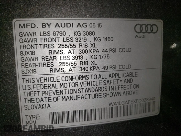 2015 Audi Q7 Premium Plus with VIN WA1LGAFEXFD028840, listed as a Copart auction lot 62537525 with 118,873 mi miles and Clean title. Bid and sale history available at DreamBid. Image 13.