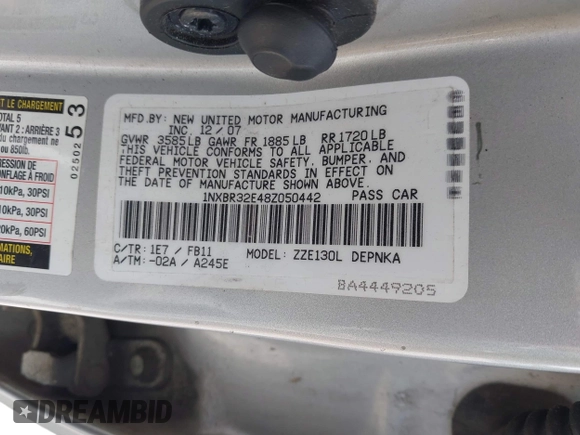 2008 Toyota Corolla CE with VIN 1NXBR32E48Z050442, listed as a IAAI auction lot 42113273 with 243,528 mi miles and . Bid and sale history available at DreamBid. Image 9.