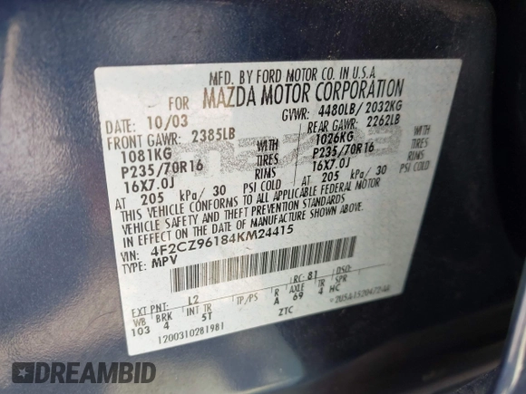 2004 Mazda Tribute ES with VIN 4F2CZ96184KM24415, listed as a IAAI auction lot 42177691 with 135,490 mi miles and . Bid and sale history available at DreamBid. Image 9.