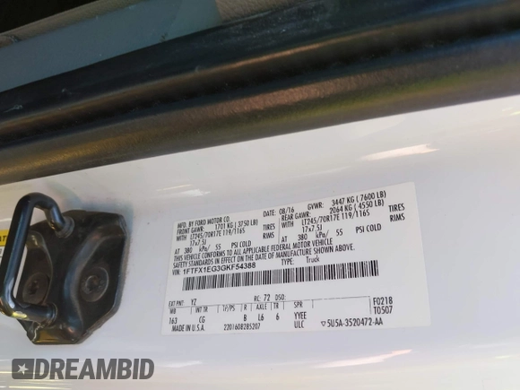 2016 Ford F-150 XLT with VIN 1FTFX1EG3GKF54388, listed as a IAAI auction lot 42474038 with 165,705 mi miles and . Bid and sale history available at DreamBid. Image 9.