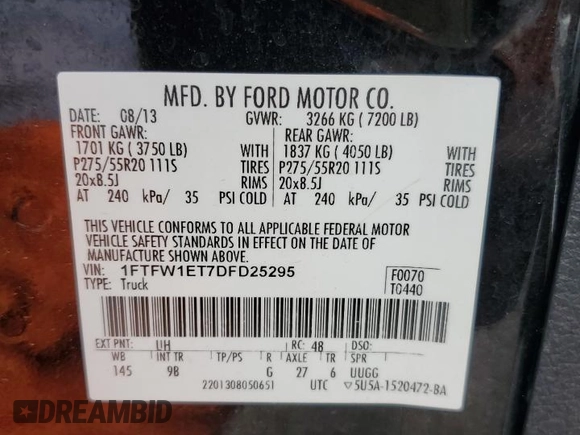 2013 Ford F-150 XL with VIN 1FTFW1ET7DFD25295, listed as a Copart auction lot 50914205 with 186,040 mi miles and Salvage Title. Bid and sale history available at carsss.com. Image 12.