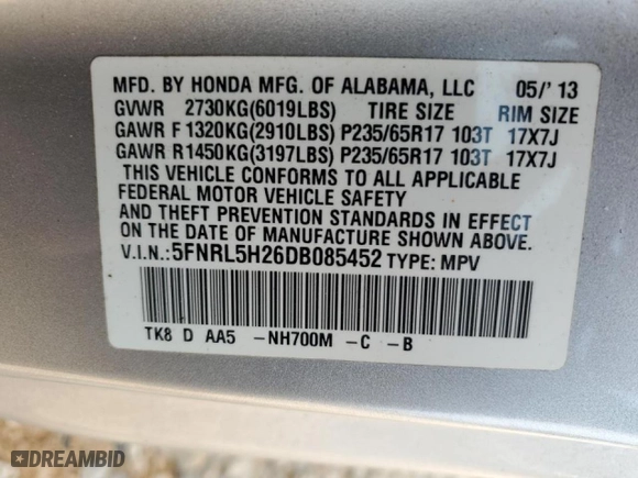 2013 Honda Odyssey LX with VIN 5FNRL5H26DB085452, listed as a Copart auction lot 47459205 with 81,341 mi miles and Salvage Title. Bid and sale history available at carsss.com. Image 15.