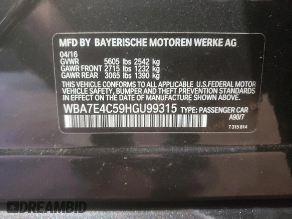 2017 BMW 7 Series 740i xDrive with VIN WBA7E4C59HGU99315, listed as a Copart auction lot 51578444 with 0 mi miles. Bid and sale history available at carsss.com. Image 13.