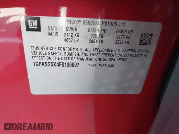2015 Cadillac CTS Performance RWD with VIN 1G6AS5SX4F0136097, listed as a IAAI auction lot 42613633 with 173,103 mi miles and . Bid and sale history available at DreamBid. Image 9.