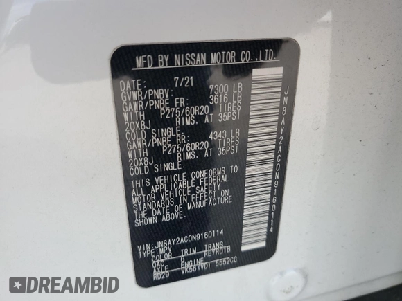2022 Nissan Armada SV with VIN JN8AY2AC0N9160114, listed as a Copart auction lot 76266474 with 44,285 mi miles and Salvage Title. Bid and sale history available at carsss.com. Image 15.