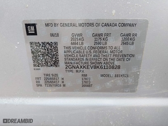 2019 Chevrolet Equinox LT with VIN 2GNAXKEV8K6110828, listed as a IAAI auction lot 41642376 with 84,825 mi miles. Bid and sale history available at carsss.com. Image 9.