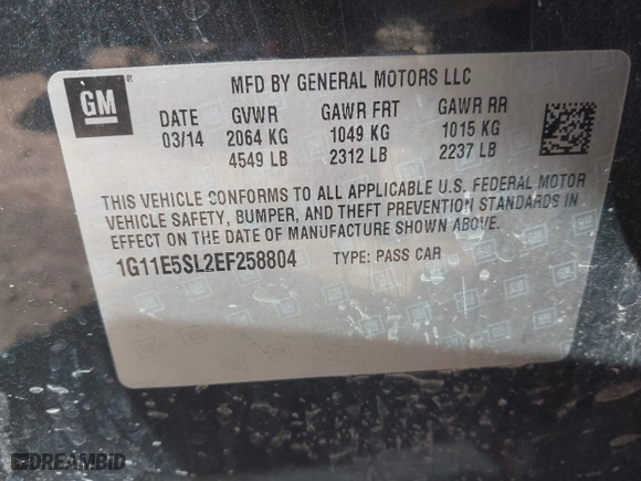 2014 Chevrolet Malibu LT with VIN 1G11E5SL2EF258804, listed as a IAAI auction lot 41832285 with 232,457 mi miles. Bid and sale history available at carsss.com. Image 9.