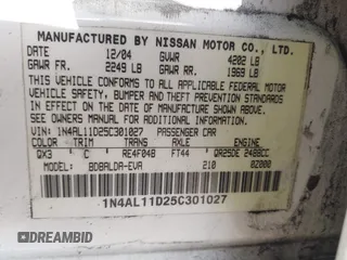 2005 Nissan Altima S z VIN 1N4AL11D25C301027, wystawiony jako IAAI lot #42349365 z przebiegiem 191 593 mil mil oraz . Historia ofert i sprzedaży dostępna na DreamBid. Obrazek 9.