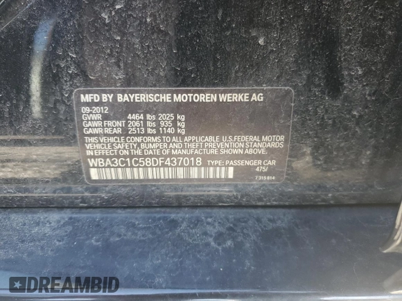 2013 BMW 3 Series 328i z VIN WBA3C1C58DF437018, wystawiony jako Copart lot #52147355 z przebiegiem 161 247 mil mil oraz Szkody całkowita. Historia ofert i sprzedaży dostępna na DreamBid. Obrazek 12.
