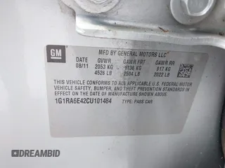 2012 Chevrolet Volt with VIN 1G1RA6E42CU101484, listed as a IAAI auction lot 42108369 with Not Provided miles and . Bid and sale history available at carsss.com. Image 9.