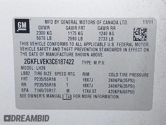 2012 GMC Terrain SLT-1 z VIN 2GKFLVEK3C6187422, wystawiony jako IAAI lot #42115432 z przebiegiem 147 753 mil mil oraz . Historia ofert i sprzedaży dostępna na DreamBid. Obrazek 9.