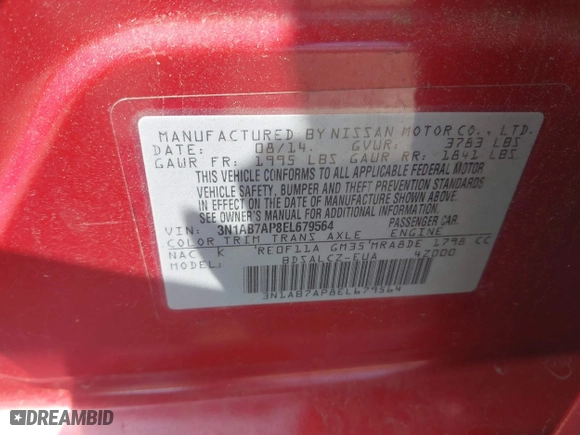 2014 Nissan Sentra S with VIN 3N1AB7AP8EL679564, listed as a IAAI auction lot 41955499 with 91,394 mi miles. Bid and sale history available at carsss.com. Image 9.