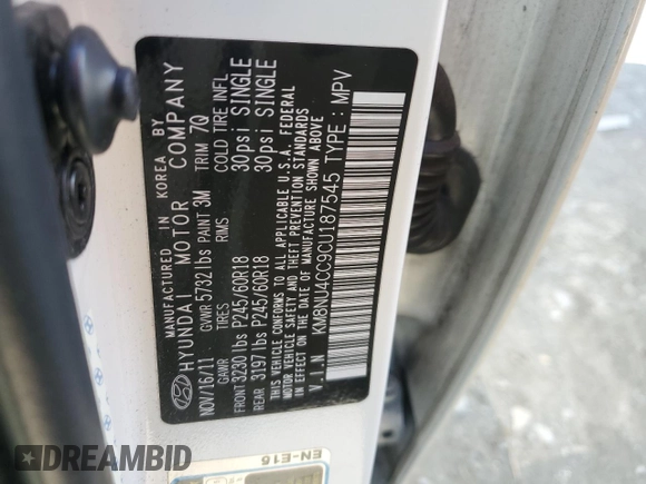 2012 Hyundai Veracruz Limited with VIN KM8NU4CC9CU187545, listed as a Copart auction lot 48245875 with 172,408 mi miles and Salvage title. Bid and sale history available at DreamBid. Image 13.