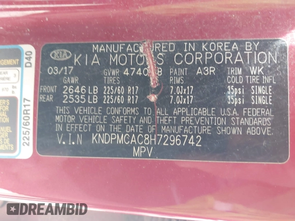 2017 Kia Sportage LX with VIN KNDPMCAC8H7296742, listed as a IAAI auction lot 42096883 with 160,511 mi miles and . Bid and sale history available at carsss.com. Image 9.