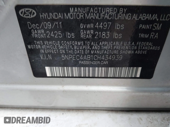 2012 Hyundai Sonata SE with VIN 5NPEC4AB1CH434939, listed as a IAAI auction lot 41878416 with 123,028 mi miles and . Bid and sale history available at DreamBid. Image 9.