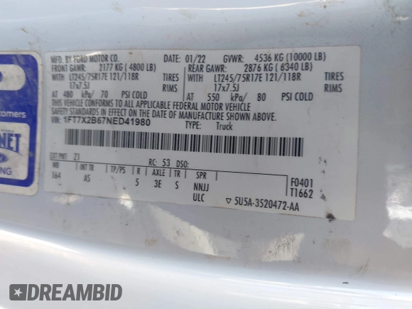 2022 Ford F-250 XL with VIN 1FT7X2B67NED41980, listed as a IAAI auction lot 41949068 with 198,485 mi miles and . Bid and sale history available at DreamBid. Image 9.