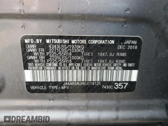 2019 Mitsubishi Outlander ES z VIN JA4AR3AUXKU019125, wystawiony jako Copart lot #44452215 z przebiegiem 39 098 mil mil oraz Szkody całkowita. Historia ofert i sprzedaży dostępna na DreamBid. Obrazek 13.