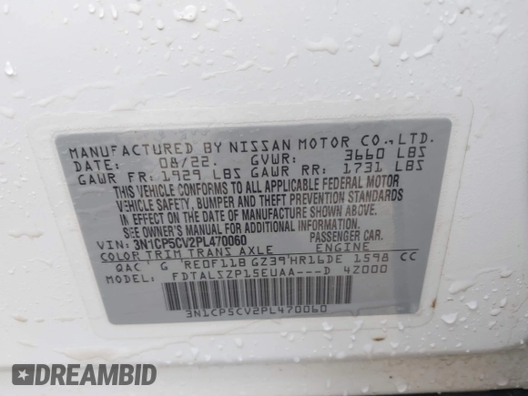 2023 Nissan Kicks SV with VIN 3N1CP5CV2PL470060, listed as a IAAI auction lot 42442763 with 35,827 mi miles and . Bid and sale history available at DreamBid. Image 9.