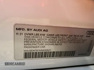 2021 Audi A8 with VIN WAU8DAF81MN030527, listed as a Copart auction lot 50038014 with 36,528 mi miles. Bid and sale history available at carsss.com. Image 12.