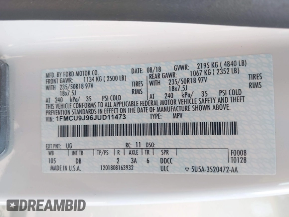 2018 Ford Escape Titanium с VIN 1FMCU9J96JUD11473, выставлен на аукционе IAAI как лот 42402996 с пробегом 110 388 миль миль и . История ставок и продаж доступна на DreamBid. Изображение 9.