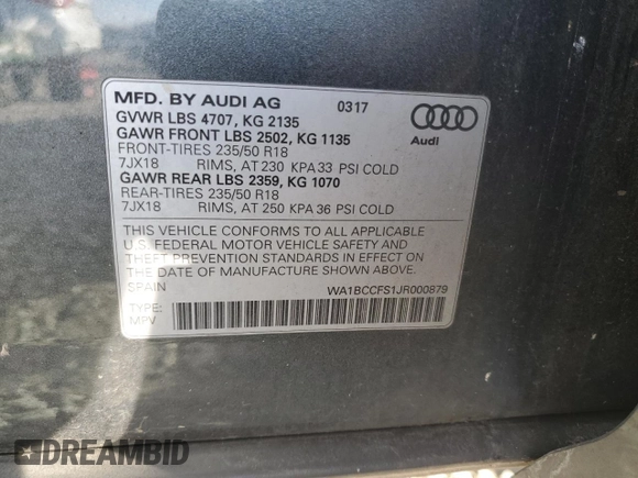 2018 Audi Q3 Premium with VIN WA1BCCFS1JR000879, listed as a Copart auction lot 47221015 with 18,464 mi miles and Salvage title. Bid and sale history available at DreamBid. Image 13.