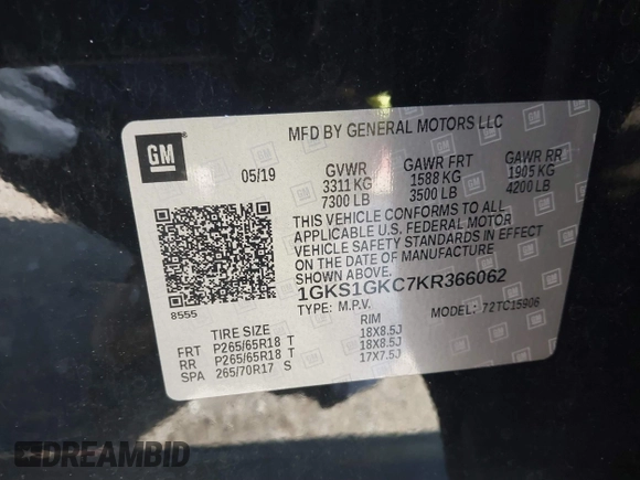 2019 GMC Yukon XL SLT with VIN 1GKS1GKC7KR366062, listed as a IAAI auction lot 41485559 with 86,290 mi miles. Bid and sale history available at carsss.com. Image 9.