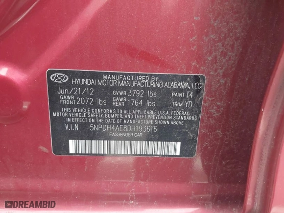 2013 Hyundai Elantra Limited PZEV with VIN 5NPDH4AE8DH193616, listed as a IAAI auction lot 39174523 with 100,681 mi miles. Bid and sale history available at carsss.com. Image 9.