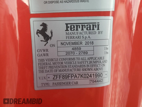 2019 Ferrari Portofino z VIN ZFF89FPA7K0241990, wystawiony jako Copart lot #87166084 z przebiegiem 5445 mil mil oraz Szkody całkowita. Historia ofert i sprzedaży dostępna na DreamBid. Obrazek 13.