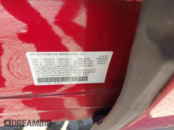 2022 Acura MDX Technology с VIN 5J8YD9H49NL002095, выставлен на аукционе IAAI как лот 41808603 с пробегом Не указан миль и . История ставок и продаж доступна на DreamBid. Изображение 9.