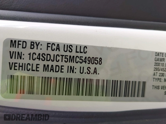 2021 Dodge Durango R/T with VIN 1C4SDJCT5MC549058, listed as a IAAI auction lot 41847281 with 99,556 mi miles and . Bid and sale history available at DreamBid. Image 9.