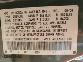 2006 Acura TL with VIN 19UUA66256A076019, listed as a Copart auction lot 53662455 with 208,780 mi miles and Salvage Title. Bid and sale history available at carsss.com. Image 12.