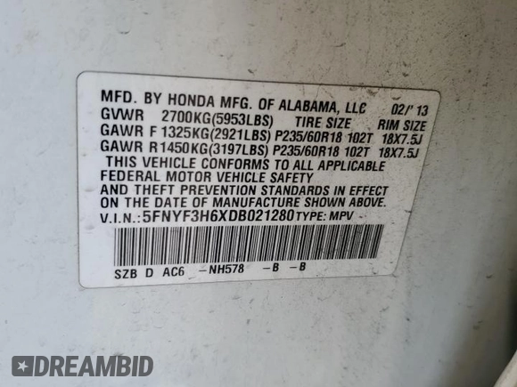 2013 Honda Pilot EX-L with VIN 5FNYF3H6XDB021280, listed as a Copart auction lot 56785535 with 256,649 mi miles and Salvage title. Bid and sale history available at DreamBid. Image 13.
