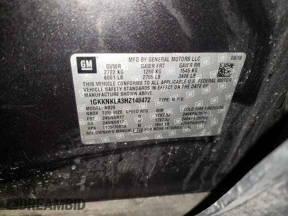 2017 GMC Acadia SLE with VIN 1GKKNKLA3HZ148472, listed as a Copart auction lot 49100585 with 113,297 mi miles and Salvage Title. Bid and sale history available at DreamBid. Image 13.