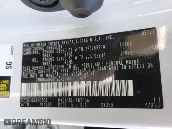 2023 Toyota Corolla Cross XLE with VIN 7MUDAABG8PV072480, listed as a Copart auction lot 53847495 with 47,754 mi miles and Salvage title. Bid and sale history available at DreamBid. Image 14.