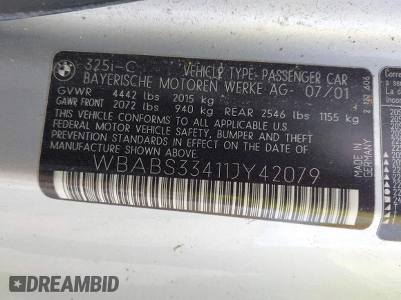 2001 BMW 3 Series 325Ci с VIN WBABS33411JY42079, выставлен на аукционе IAAI как лот 42600667 с пробегом 116 684 миль миль и . История ставок и продаж доступна на DreamBid. Изображение 9.