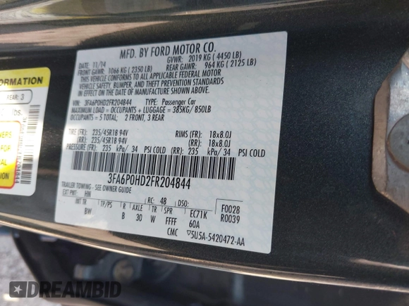 2015 Ford Fusion SE with VIN 3FA6P0HD2FR204844, listed as a IAAI auction lot 42488934 with 117,326 mi miles and . Bid and sale history available at DreamBid. Image 9.