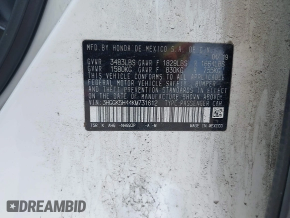 2019 Honda Fit LX с VIN 3HGGK5H44KM731612, выставлен на аукционе IAAI как лот 42094516 с пробегом 84 309 миль миль и . История ставок и продаж доступна на DreamBid. Изображение 9.