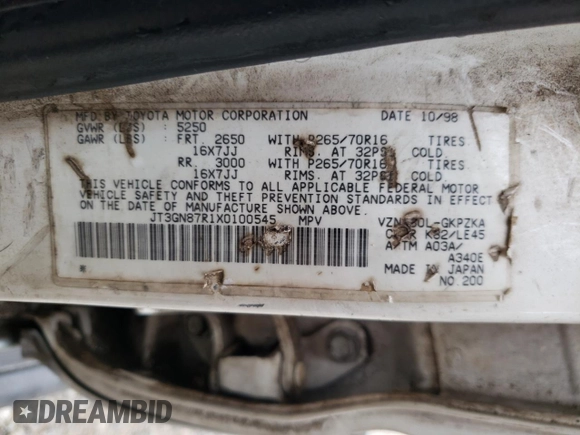 1999 Toyota 4Runner Limited z VIN JT3GN87R1X0100545, wystawiony jako Copart lot #57900635 z przebiegiem 215 408 mil mil oraz Szkoda całkowita • Salvage title. Historia ofert i sprzedaży dostępna na DreamBid. Obrazek 13.