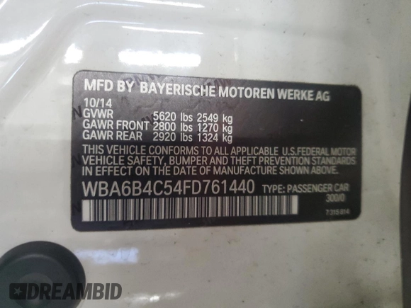 2015 BMW 6 Series 650i xDrive with VIN WBA6B4C54FD761440, listed as a Copart auction lot 45851515 with 64,060 mi miles and Salvage Title. Bid and sale history available at DreamBid. Image 14.