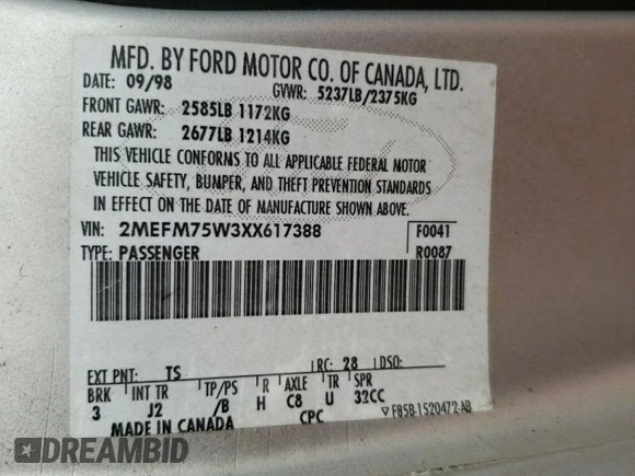 1999 Mercury Grand Marquis LS z VIN 2MEFM75W3XX617388, wystawiony jako Copart lot #58811195 z przebiegiem 162 600 mil mil oraz Szkoda całkowita • Salvage title. Historia ofert i sprzedaży dostępna na DreamBid. Obrazek 12.
