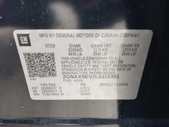 2020 Chevrolet Equinox LS with VIN 2GNAXSEV7L6115391, listed as a IAAI auction lot 41613087 with 57,648 mi miles. Bid and sale history available at carsss.com. Image 9.